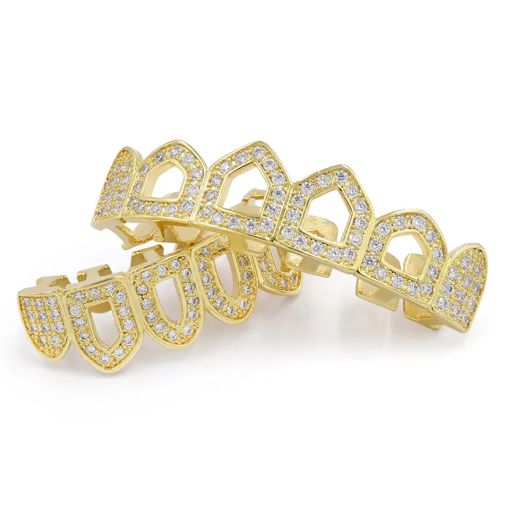 Hip Hop Caps Shaped Iced out CZ 4 Open Hollow Grillz Top Bottom Grillz Set Men Women Mouth Teeth