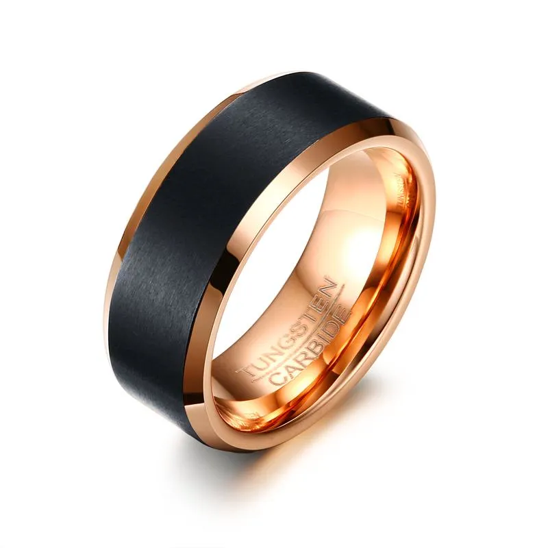 Men's 8mm Black Rose Gold Color Tungsten Wedding Band Rings Anniversary Ring Comfort Fit Free Engraving