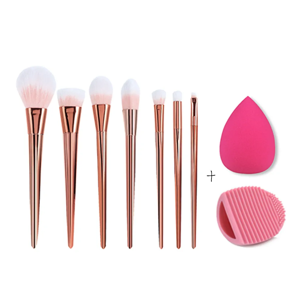 Rose doré 7 pièces pinceaux de maquillage ensemble fond de teint poudre pinceau Eyeliner fard à paupières pinceaux à lèvres + brosse nettoyant éponge bouffée cosmétique