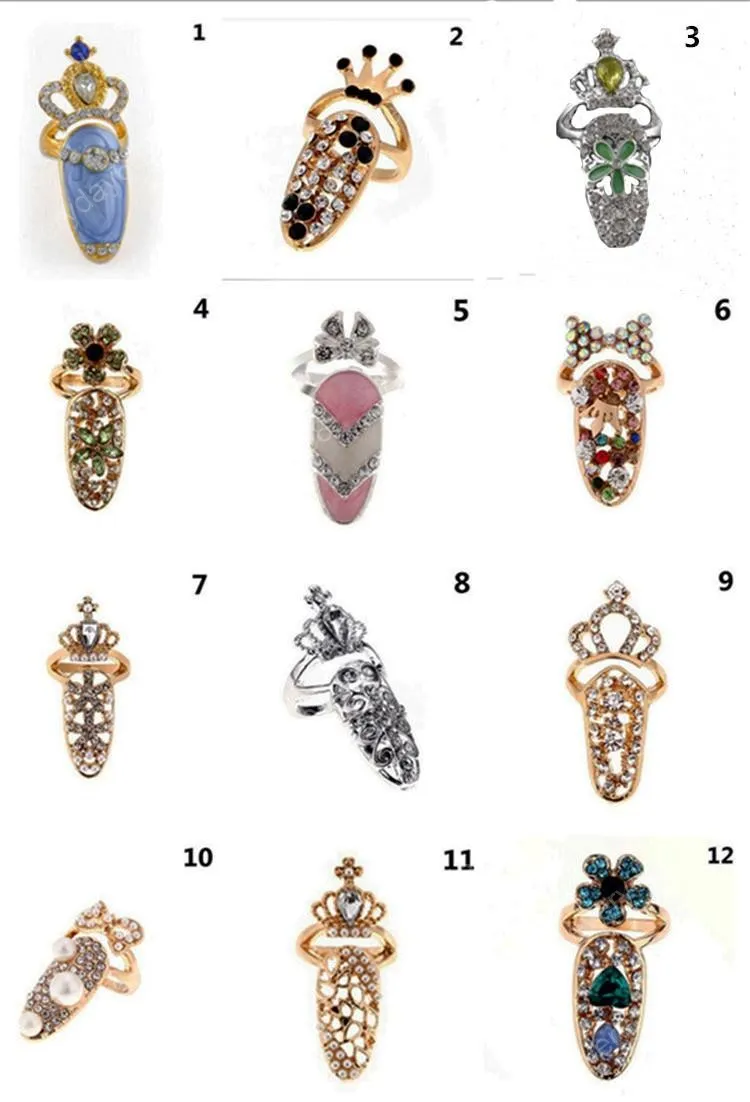 New Rhinestone Bowknot Finger Nail Ring Charm Crown Flower Crystal Personality Art Nail adjustable Rings For women Fashion Jewelry