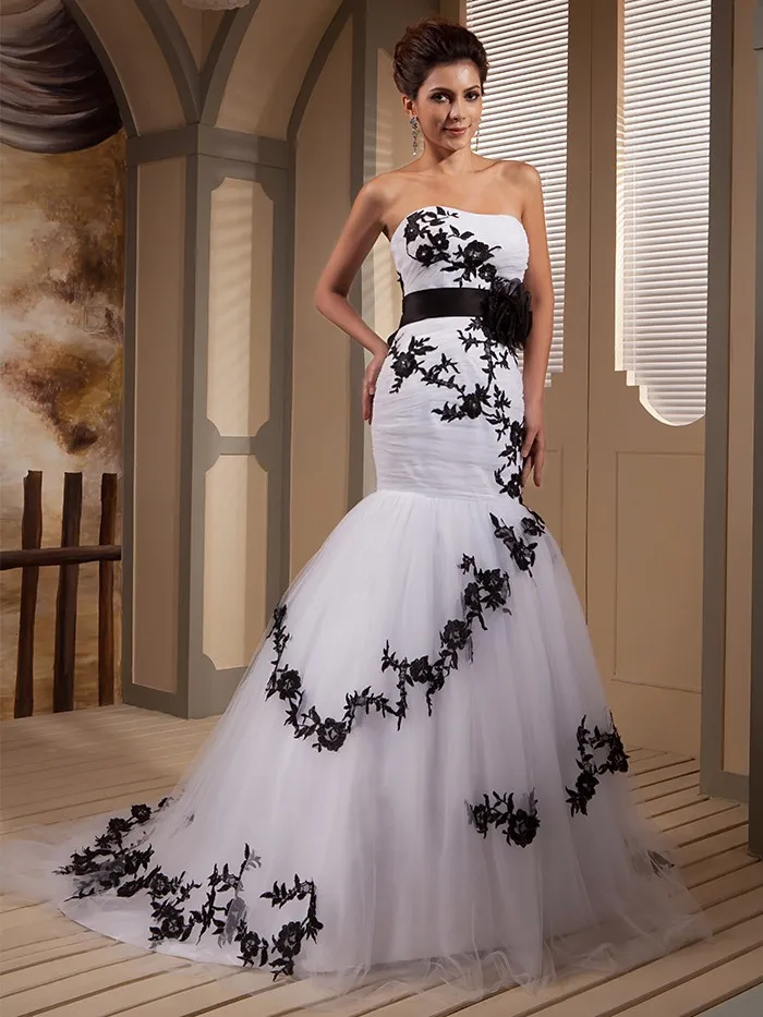Real Picture Designer preto e branco Sereia vestidos de casamento vestidos de noiva Sweetheart apliques tule espartilho vestido de noiva feito sob
