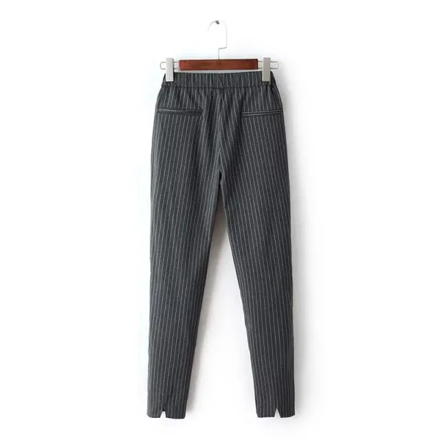 Tangada mode femmes bureau élégant gris rayé imprimé Capris pantalon taille élastique poche pantalon décontracté femme grande taille FA23