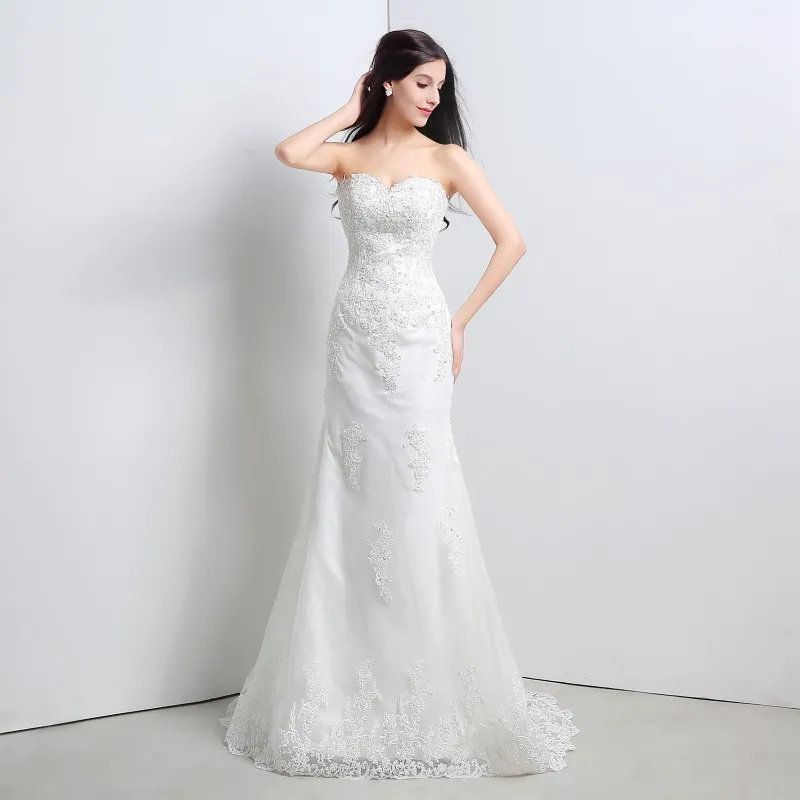새로운 흰색 레이스 인어 웨딩 드레스 2022 연인 아플리크 파티 신부 가운 주식 6-16 QC 331232T