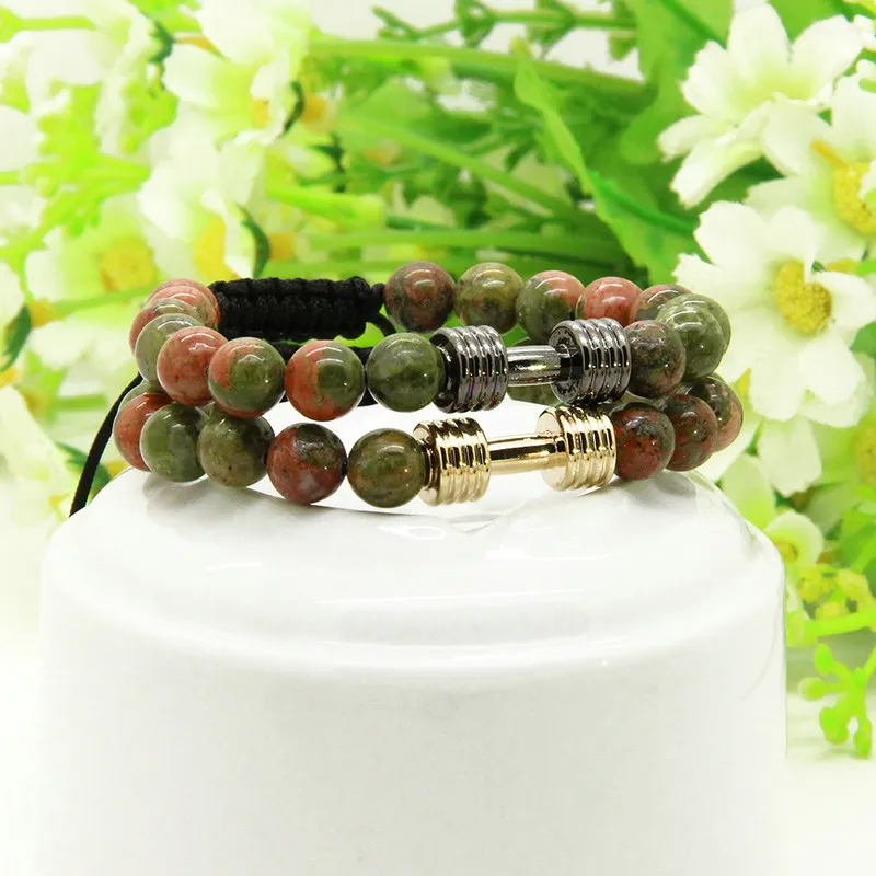 Heren sport armbanden groothandel 8mm unakite stenen kralen met nieuwe barbell fitness dumbbell macrame charms armbanden