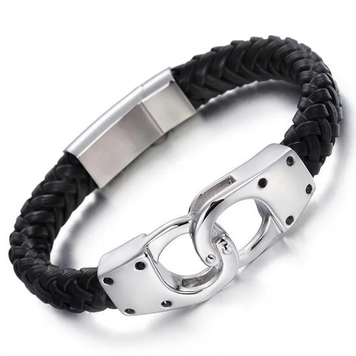 8.66" Men's Italian Gold Silver Plated Handcuff Bracelets Fashion Punk Hiphop 316L Stainless Steel Male Braded Genuine Leather Bracelet Bangle Jewelry