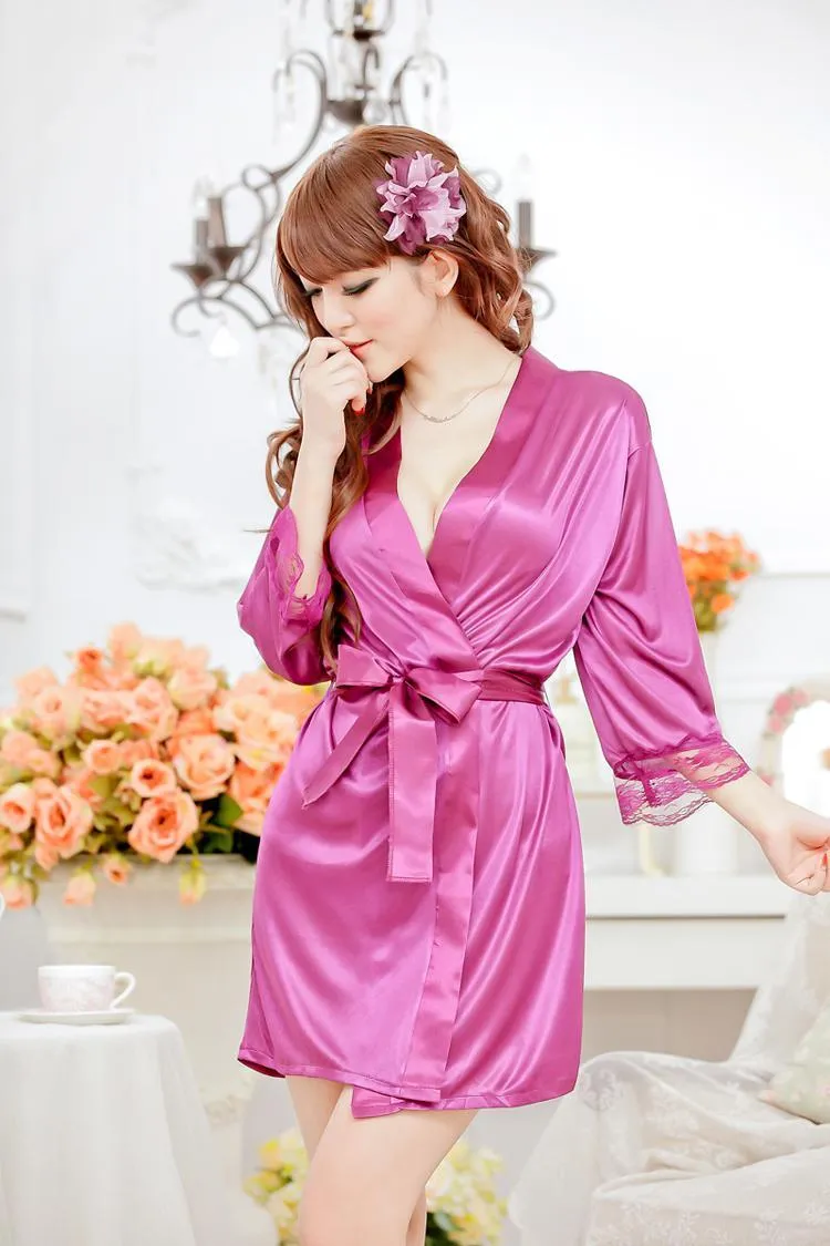 Sexy Kimono Women Lingerie Slik Solid Robe Lady Satin Night Gown Pajamas Sleepwear 