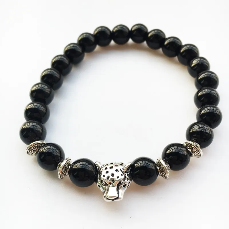 8mm Natural Stone Silver Plated Leopard Head Strands Beaded Bangle For Women Men Charm Bracelets Jewelry