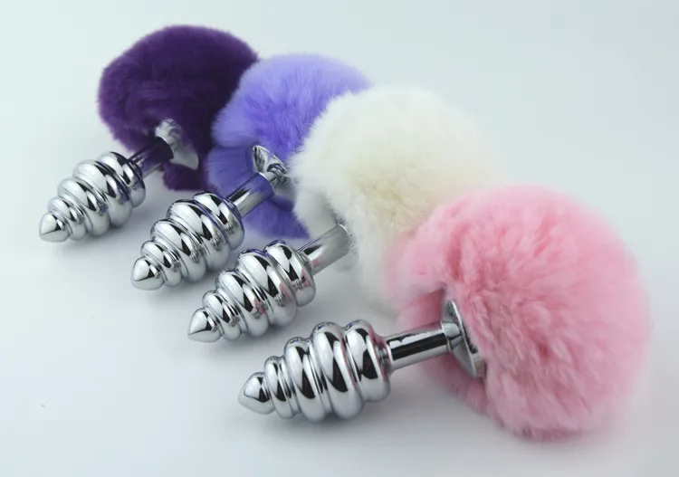 Stainless Steel Metal Screw Thread Silver Stainless Steel Rabbit Tails Butt Plug Adult Sex Anal Toy For Man And Women bdsm
