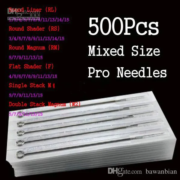 Groothandel 500 stks diverse wegwerp steriele tattoo naalden gemengde grootte voor tattoo inkt cups tip kits beste prijs