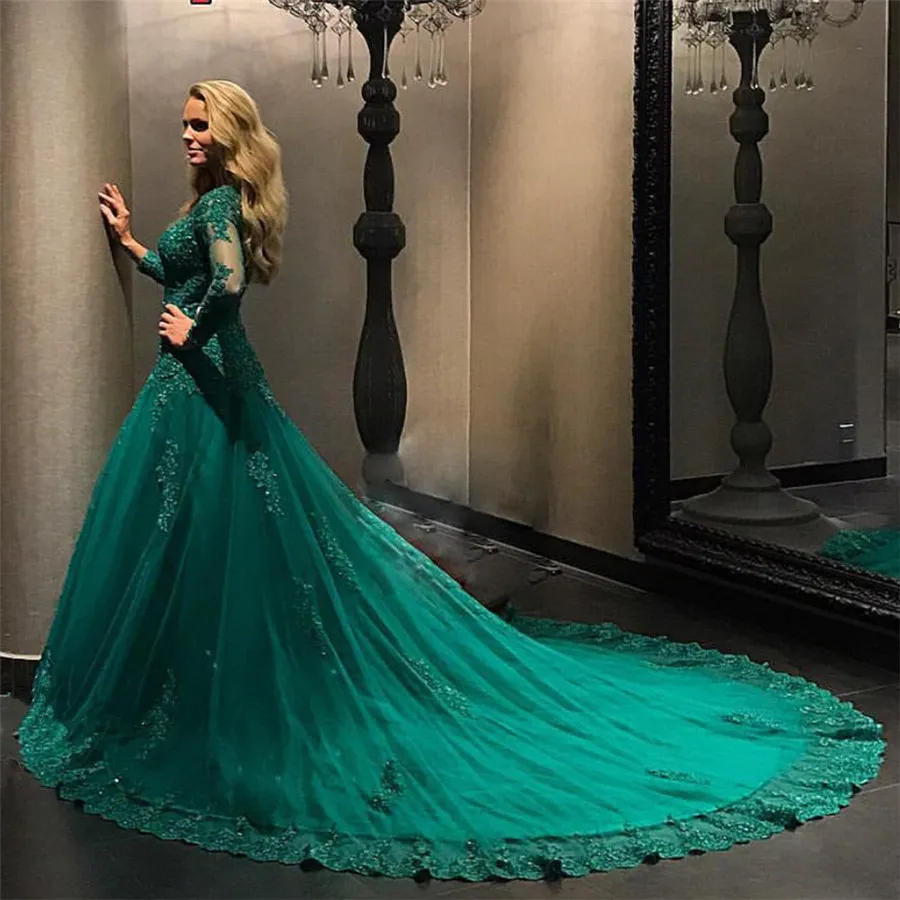 Abiti da sera eleganti taglie forti 2019 Robe Longue Manche Longue Soiree Abito da ballo verde smeraldo Maniche lunghe Abiti da ballo