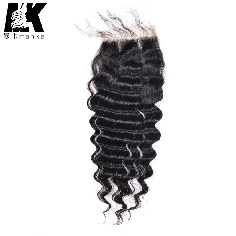 Fechamento de seda 100 cabelos virgens brasileiros não processados onda profunda 4x4 Cabelos pretos naturais