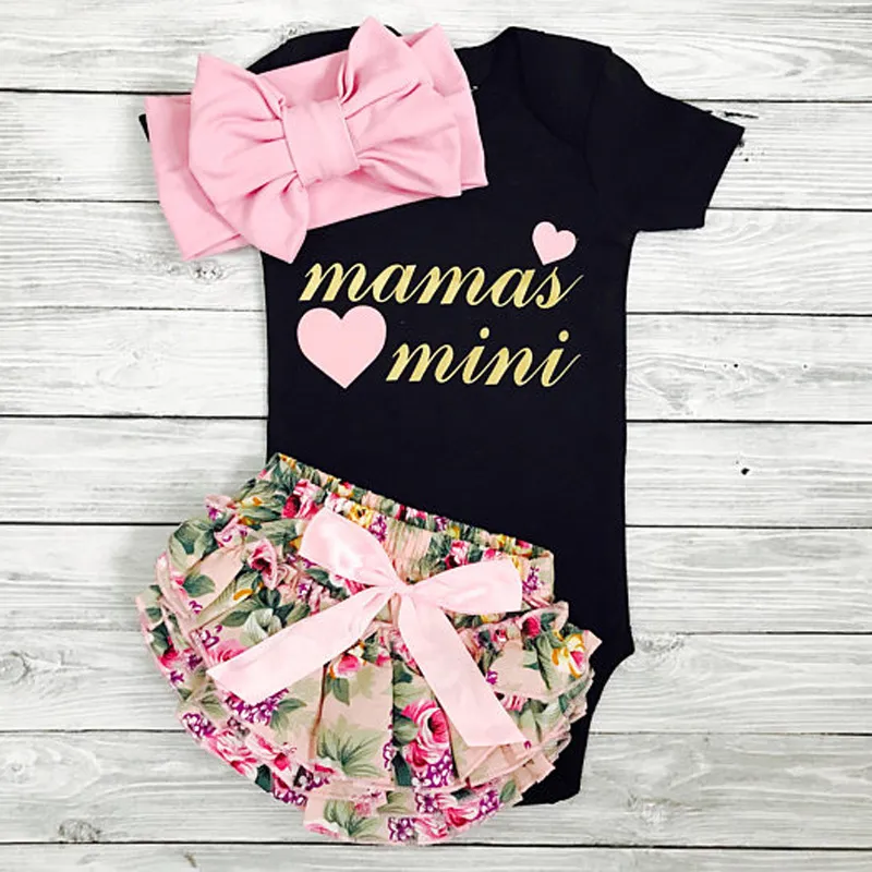 Frühling Herbst Kinder Kleidung Sets Baby Mädchen Mamas Mini Brief Druck Strampler mit Blumendruck PP Hosen + Stirnbänder 3 Stück Anzüge