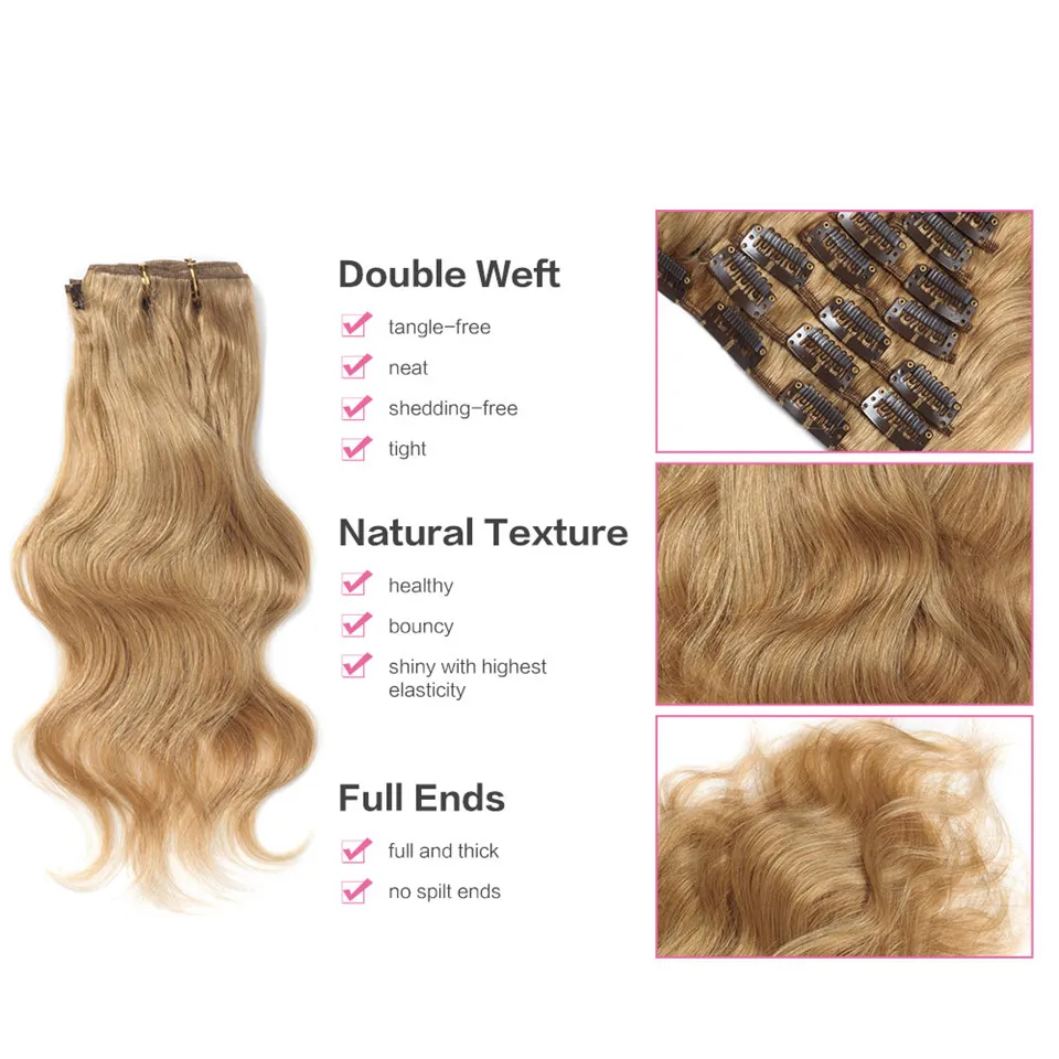 16-28 Inches 180g Blonde 27 Body Wavy Hair Clip Ins Double Weft Human Hair Clip In Extensions Brazilian Remi Full Cuticle Hair