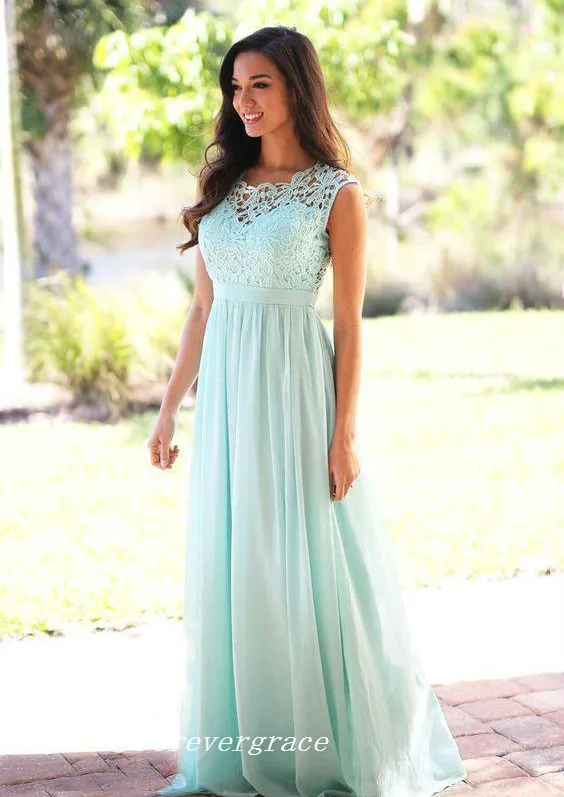 Nueva llegada Tren de barrido largo rosa menta Vestido de dama de honor verde elegante Chiffon Lace Top Maid of Honor Vestido de fiesta de boda más tamaño