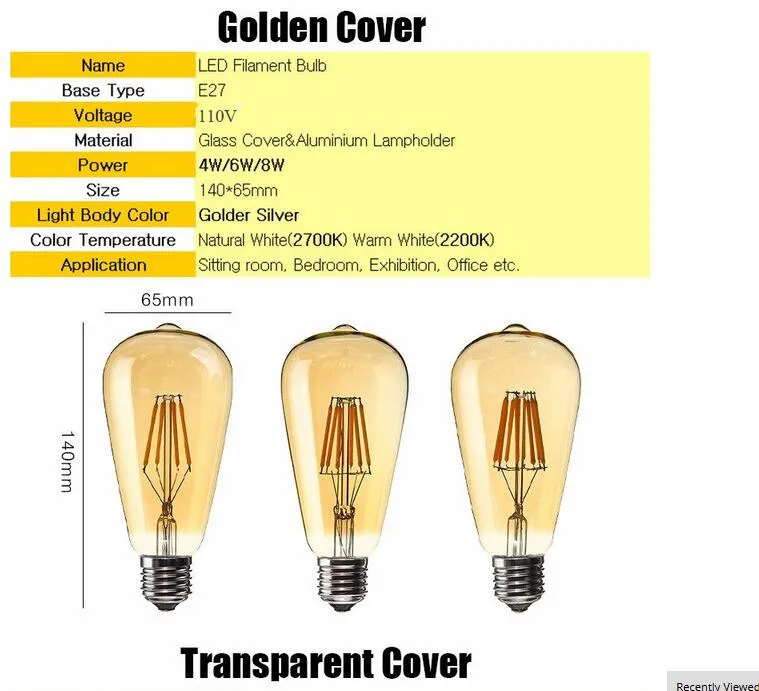 슈퍼 밝은 E27 LED 필라멘트 전구 빛 360 각도 ST64 LED 조명 Edison 램프 4W / 6W / 8W 110-240V 