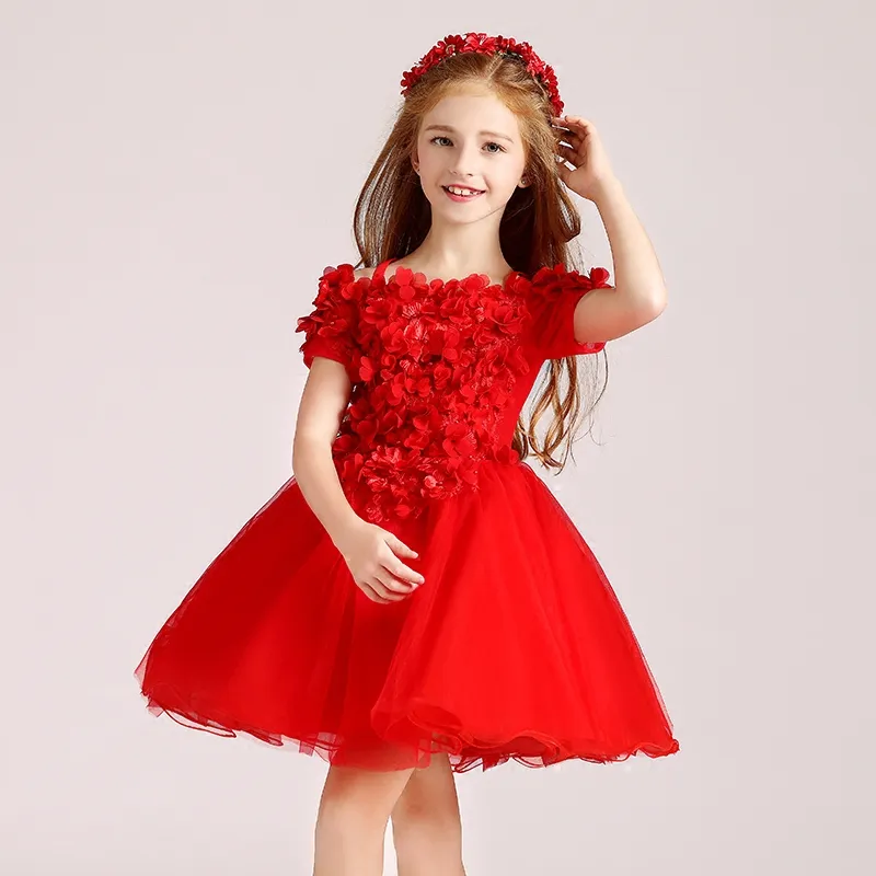 2017 röd knä längd blomma tjejer klänningar boll kappa organza med applique handgjorda blommor billiga tjejer pagant klänning billigt röd, vit, svart