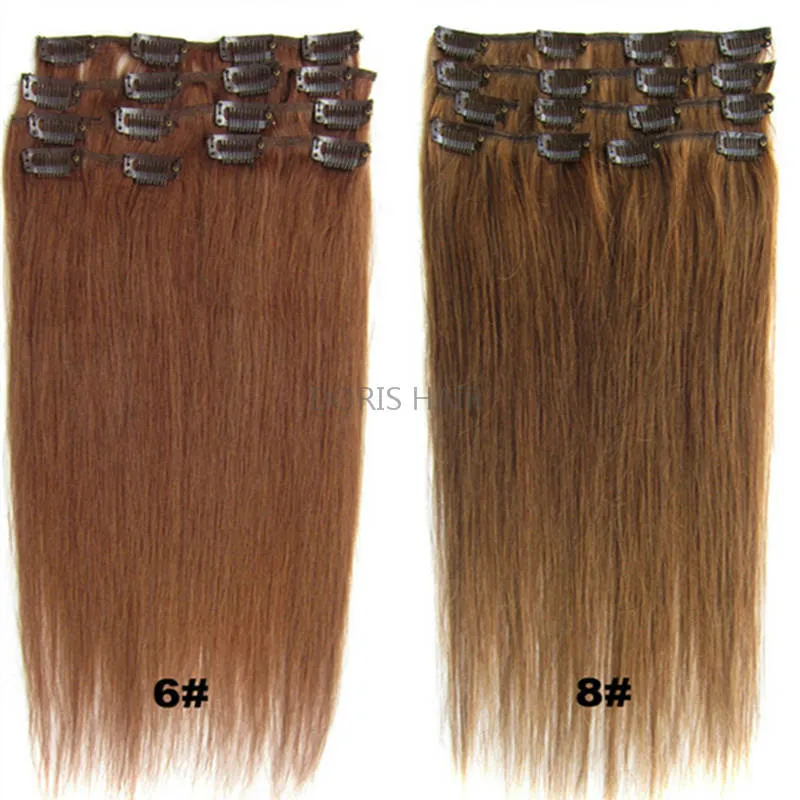 Blond Svart Brun Silkeslen rakt äkta människohår remy Clip in Extensions 15-24 tum 70g 100g 120g Brasiliansk indian för Full Head Double Weft