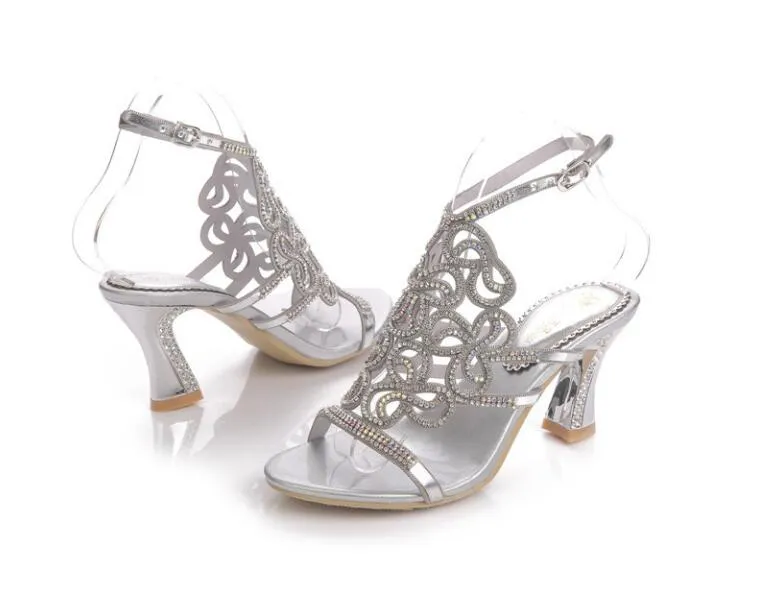 Fashion New Rhinestone Sandals Crystal High Heel Shoes Wedding Shoes Black Silver Gold Strappy Heels Sandales Femme 8cm