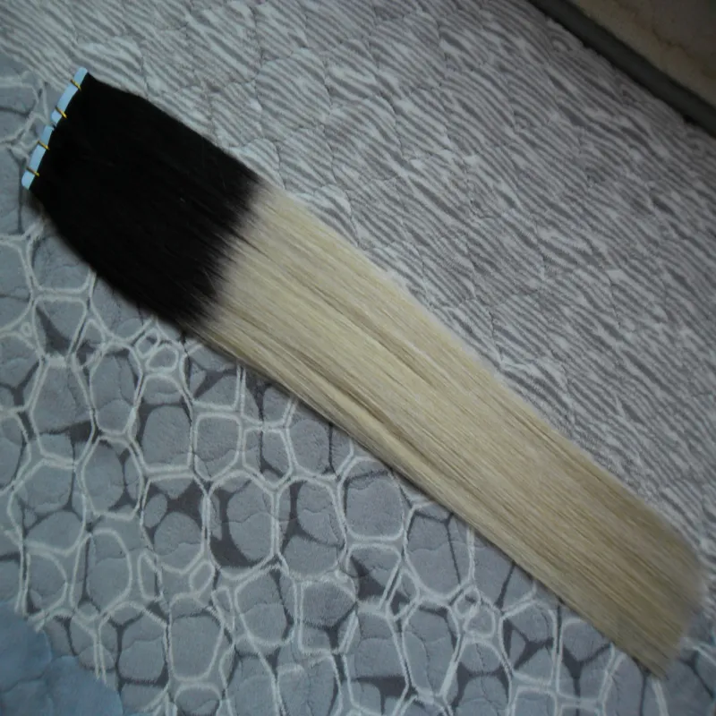 Ombre Brasilianskt hår 100g 40st rak # 1b / 613 Du kan rita färg Ombre Virgin Remy Skin Wefts Tape In Hair Extensions Human Hair