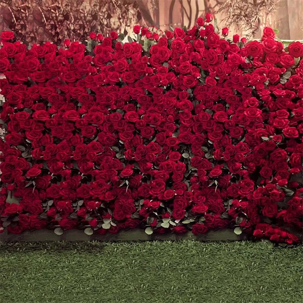 Fondali fotografici per matrimoni a muro con rose rosse stampate digitali Fiori da giardino Festa di compleanno per ragazze Sfondo per cabine fotografiche Sfondo per prato verde