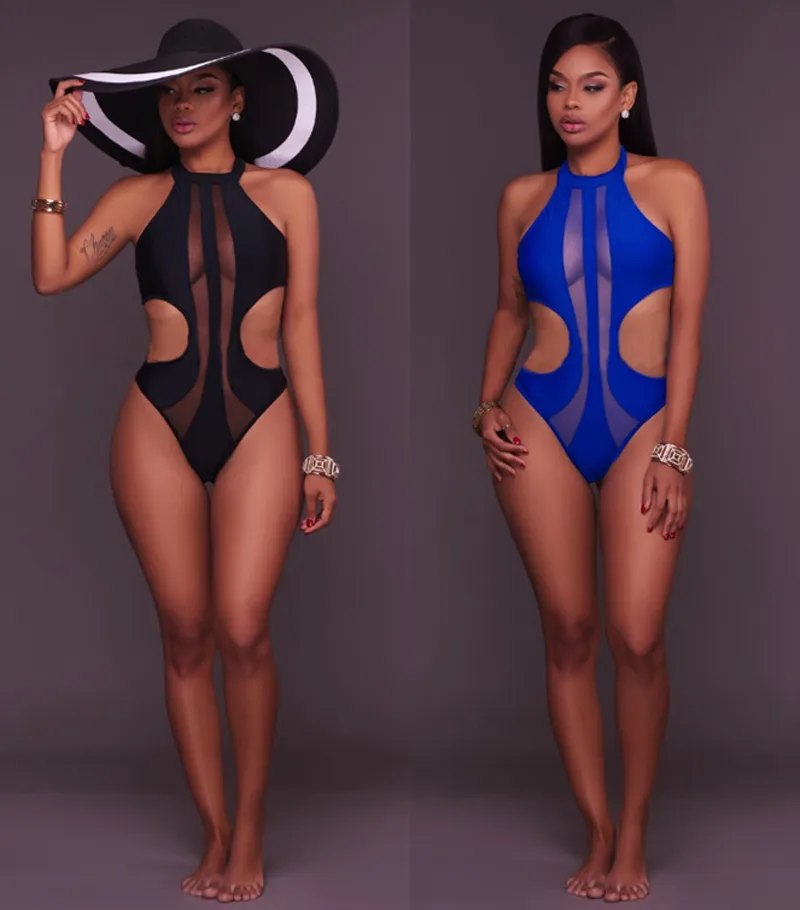 Svartblå Klipp ut Bodysuit Kvinnor Sexig Sheer Mesh Baddräkt Halter Neck Leotard Backless One Piece Bodycon