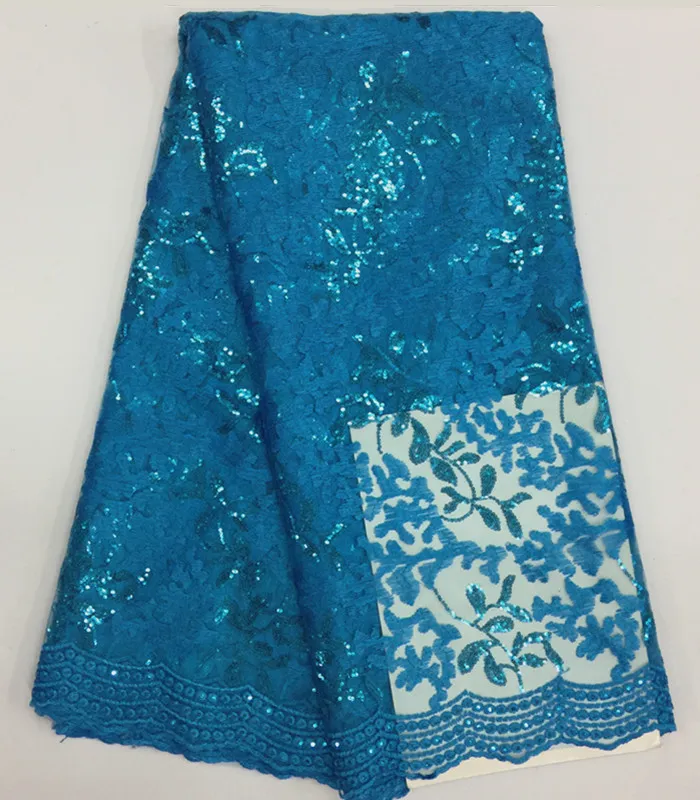 5 y / pc Underbar Royal Blue French Net Lace Tyg med Sequins Leaves Design African Mesh Lace för kläder BN57-4