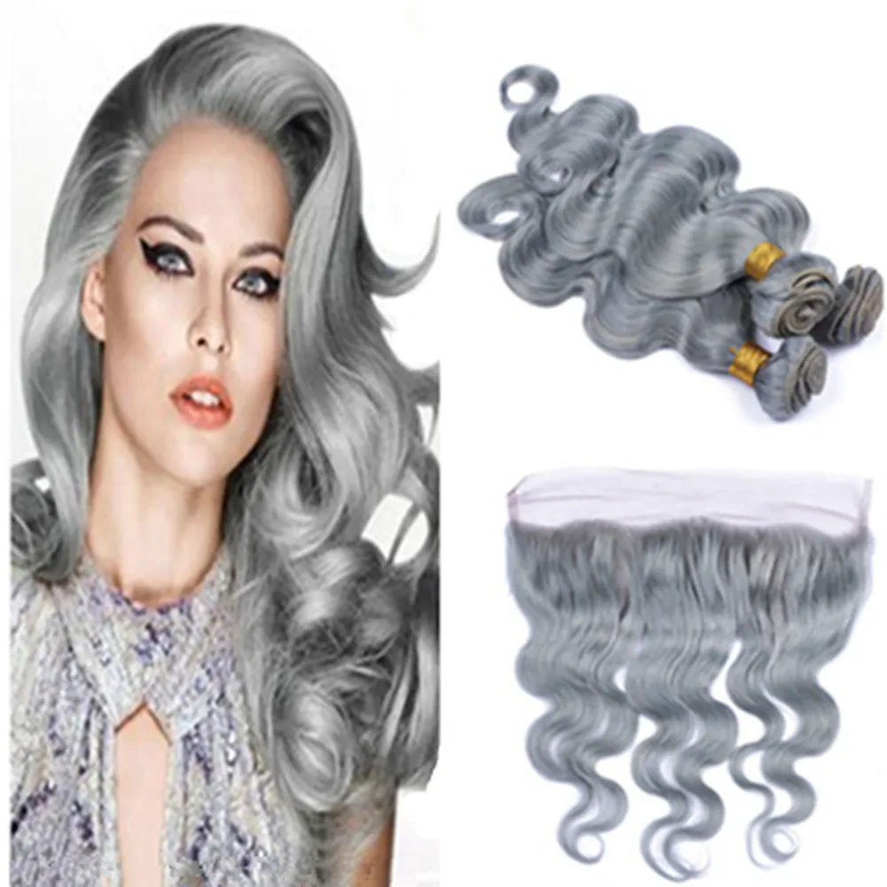 Hot Sale Silver Grå Human Hair Extensions 3 Bundlar Med Front Grå Brasilianska Human Hair 100% Virgin Orocess Silver Grey Lace Frontal