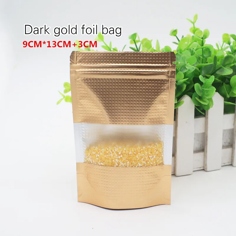 9 * 13 + 3 cm Borsa stand sedicente in lamina d'oro scuro Materiale per uso alimentare Negozio di imballaggi alimentari Borse per ornamenti Spot 100 / confezione