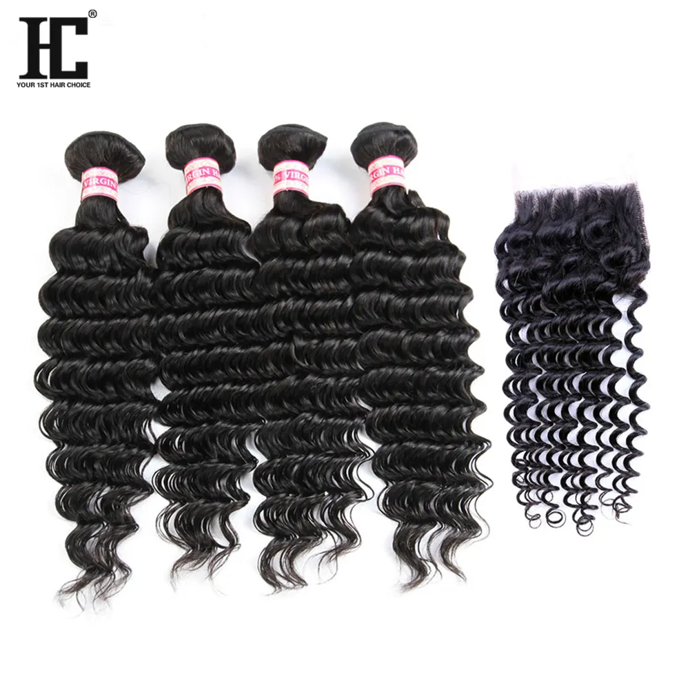 Brazilian Deep Wave Virgin Hair With Closure 4 Bundles With Closure Brazilian Virgin Hair With Free Part Closure HC Human Hair Extensions