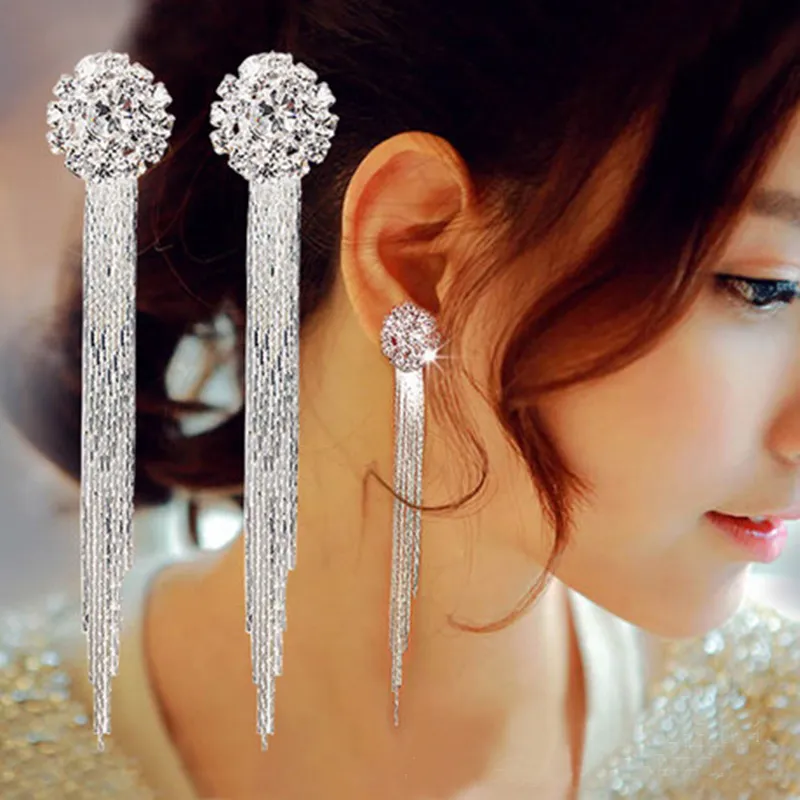 2017 Hot Corée Mode Gland Boucles D'oreilles Longues Cristal Vis Clip boucles d'oreilles pour pas de trou d'oreille femmes Filles en gros Parti Performance Bijoux