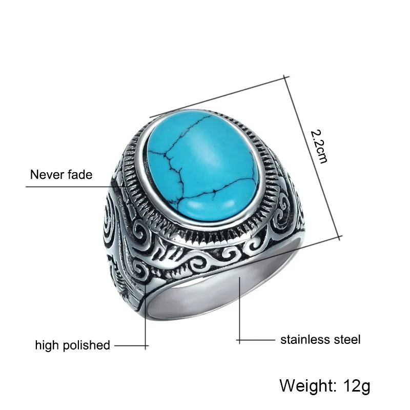 Мужские кольца с бирюзовым камнем, винтажные ретро из нержавеющей стали, кольца из натурального камня с резными пальцами для мальчиков, модные ювелирные изделия в стиле панк175d