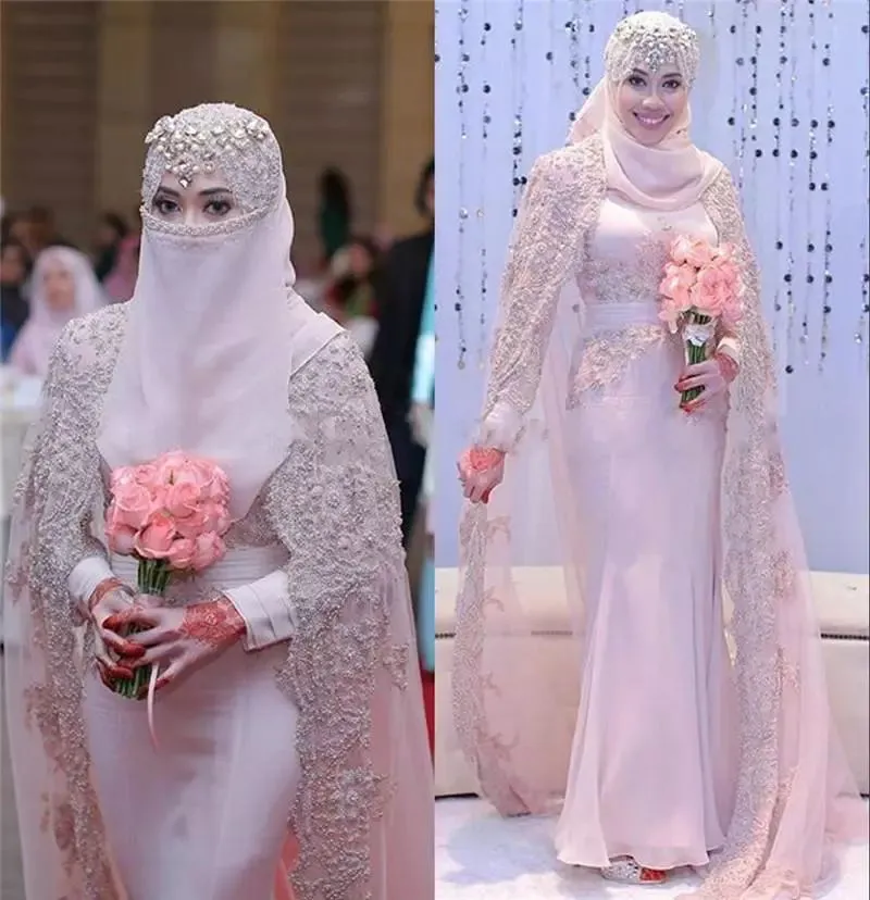 High-hals lange mouwen prom jurk met wrap kralen kant applique sjerk chiffon zeemeermin avondjurken moslim Arabische islamitische avondjurken