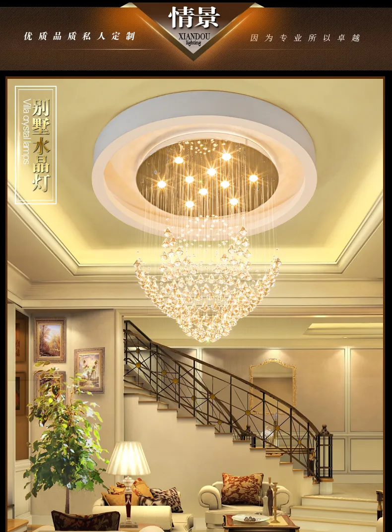 Lámparas de araña de cristal K9 Lámpara LED Lámparas de araña modernas Accesorio Iluminación interior para el hogar Pasillo del hotel Vestíbulo Escalera Luz de gota de cristal larga y redonda