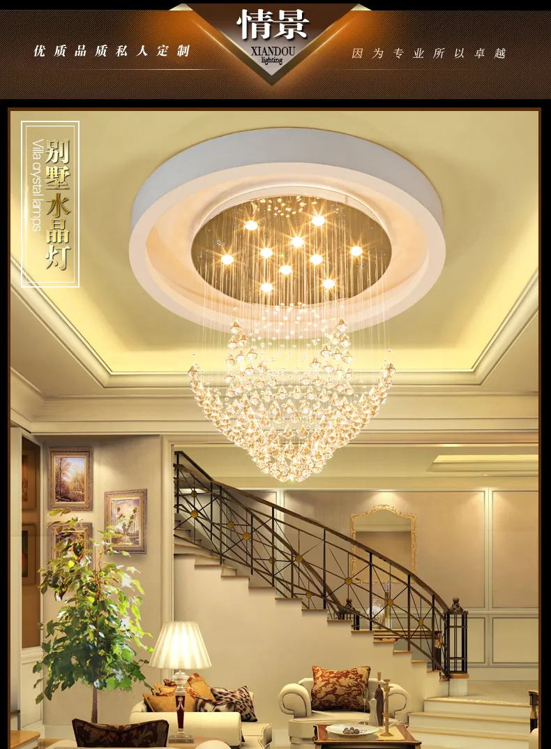 Lampadari di cristallo K9 Lampada a LED Lampadari moderni Luci Apparecchio Illuminazione interni domestici Hall dell'hotel Hall Scala Rotonda Lunga luce di cristallo a goccia