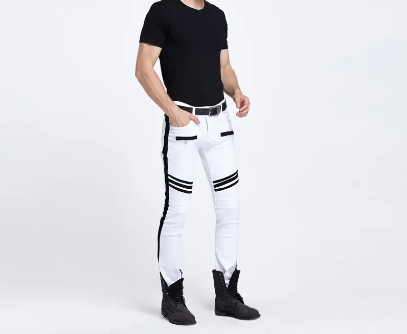 Mode hommes jeans pantalons couture en gros marque de marée à la mode blanc et noir lambrissé jambes droites