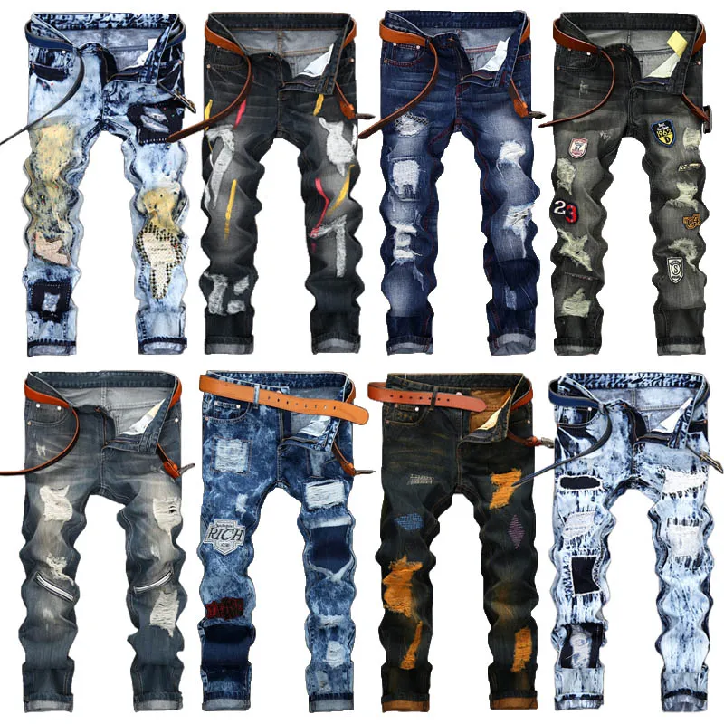 Mode vintage heren gescheurde jeans broek slim fit noodlijdende hiphop denim cool mannelijke nieuwigheid streetwear jean broeken hot koop