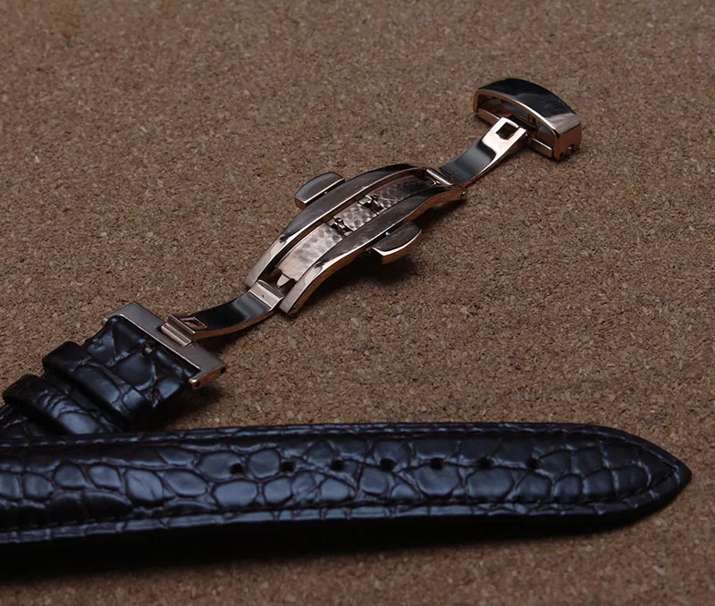 Cowhide l￤derurband med krokodilkorn Specialm￶nster Watch Strap Rose Gold Buckle Butterfly Deployment Black Brown New 2276