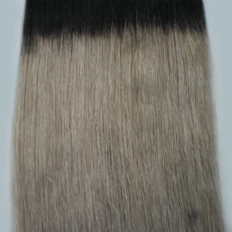 Ombre tejp i mänskliga hårförlängningar brasilianska 1b / silver grå hårförlängningar 100g 40st rak hud väft 7a Grå tejp hårförlängningar