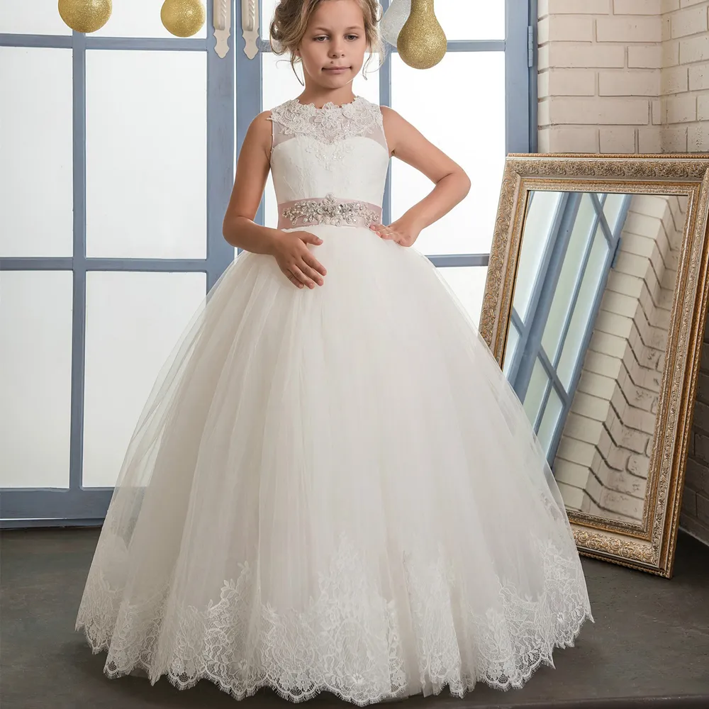 Dziewczyny bez rękawów Suknie święte Communion Zroszony Różowy Piękny Długi Little Flower Girl Girls Pagewnie Graduation Suknie Kids Lace Hem