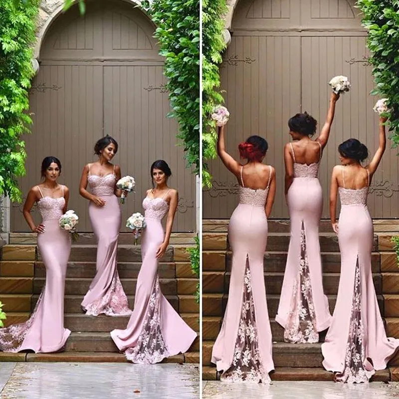 Vestidos de dama de honor de sirena rosa dulce, tirantes finos, espalda abierta, vestido de madrina, apliques de encaje, vestido de novia de tren de barrido