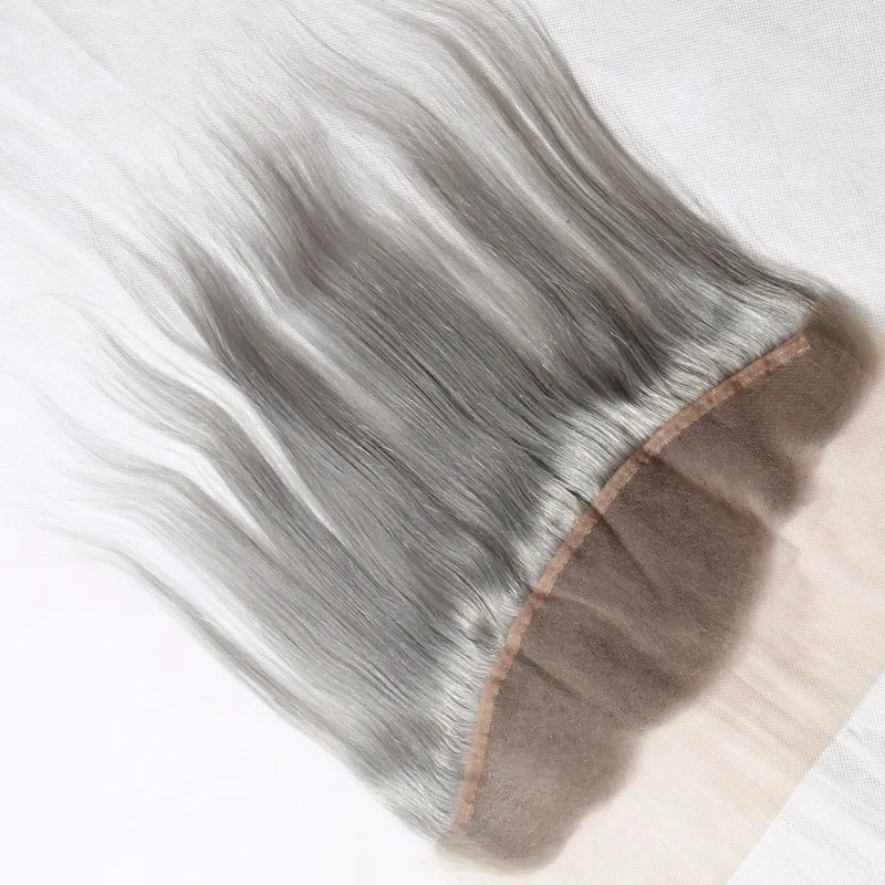 Tissage de cheveux brésiliens gris argenté avec fermeture frontale en dentelle 13x4 / de cheveux humains vierges droits en soie grise pure avec front complet