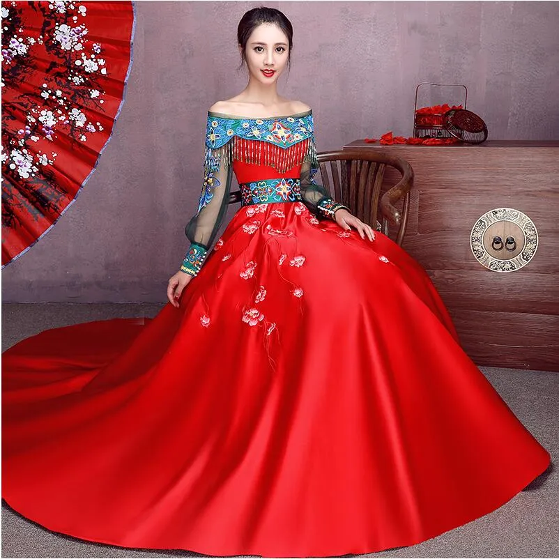 Chiński styl Czerwony Cheongsam Kobiety Prom Dresses Sweet Formalne Suknie Wieczorowe Korant Nosić na imprezę Długa Vintage Eleganckiej sukni na lato