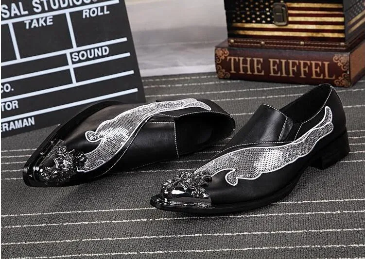 بلينغ بلينغ أحذية اليدوية الرجال الأزياء الانزلاق على أشار تو حزب أحذية جديد جلد طبيعي بريق اللباس أحذية