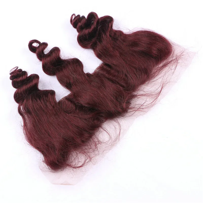 Loose Wave #99J Wine Red Brazilian Human Hair Weave with Lace Frontal Virgin Burgundy Hair 3Bundles with 13x4 Full Lace Closure