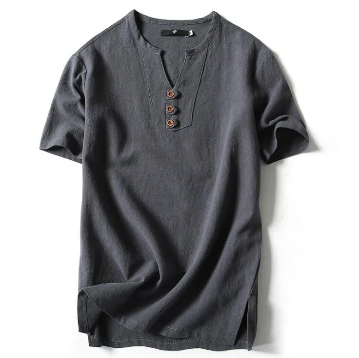 Chinese style tshirt for men summer plus size loose cotton short sleeve v neck t shirt for men fashion poloshirt shirt men 