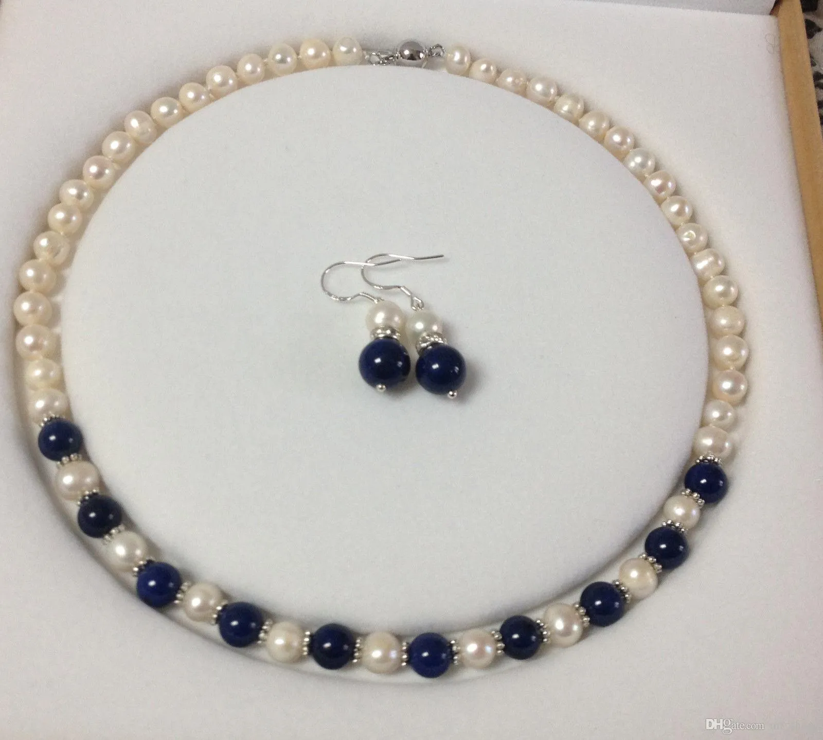 Charming!White Akoya Cultured Pearl/Lapis Lazuli necklace earrings set A23