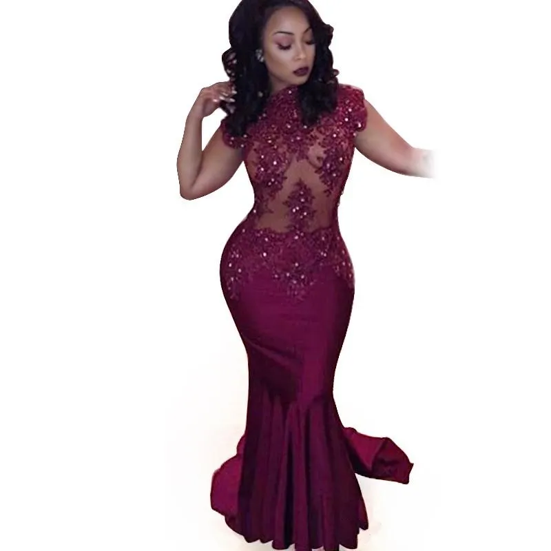 Satin Lace Appliques Beaded Prom Dresses Backless Mermaid Burgundy Sexy Long Evening Gowns 2019 Vestido De Noche Sweep Train Custom Made
