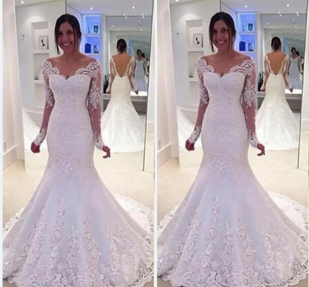 2021 New Modern Mermaid Wedding Dresses Long Sleeves V Neck White Ivory Lace Appliques Beaded Court Train Sheer Back Custom Bridal200r