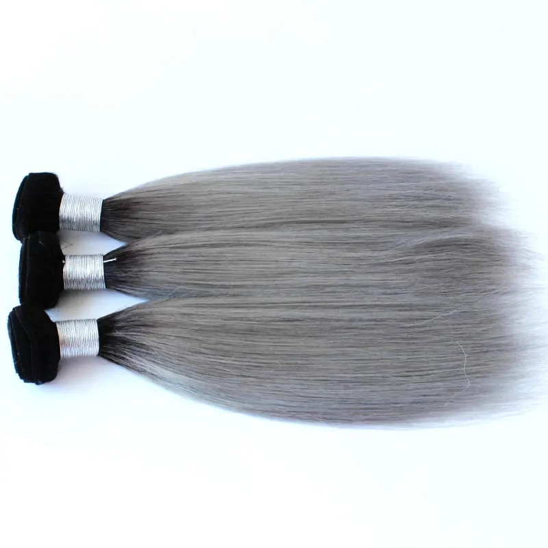 Unprocessed 1B/Gray Ombre Hair Bundles 100g Peruvian Silver Grey Human Hair Weaves Peruvian Silk Straight Hair Bundles Virgin Weft