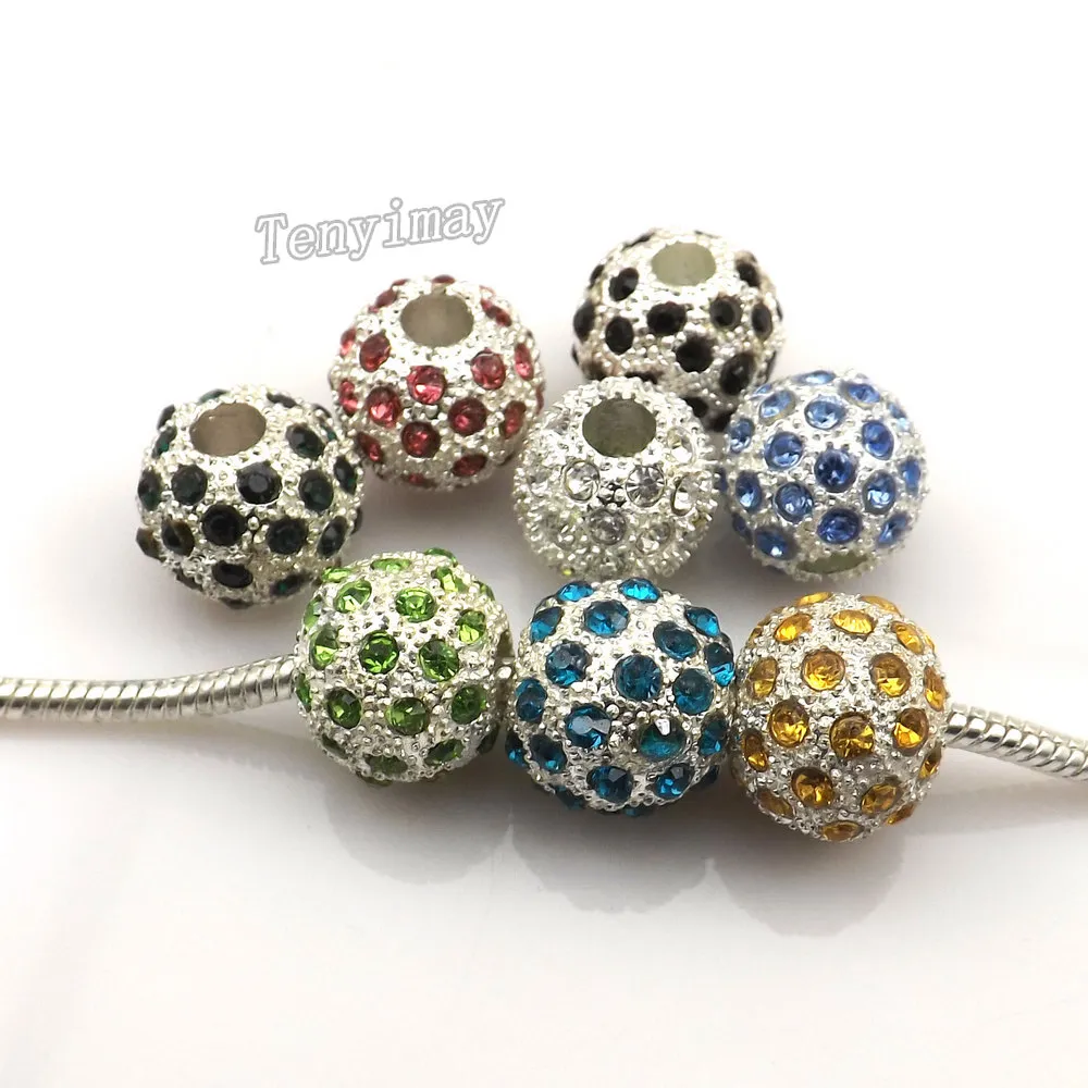 Totalmente-jóias Europeu Charme Beads Cor Misturada Strass Big Hole Beads de Prata Banhado Núcleo Solta Pérolas 24 pçs / lote